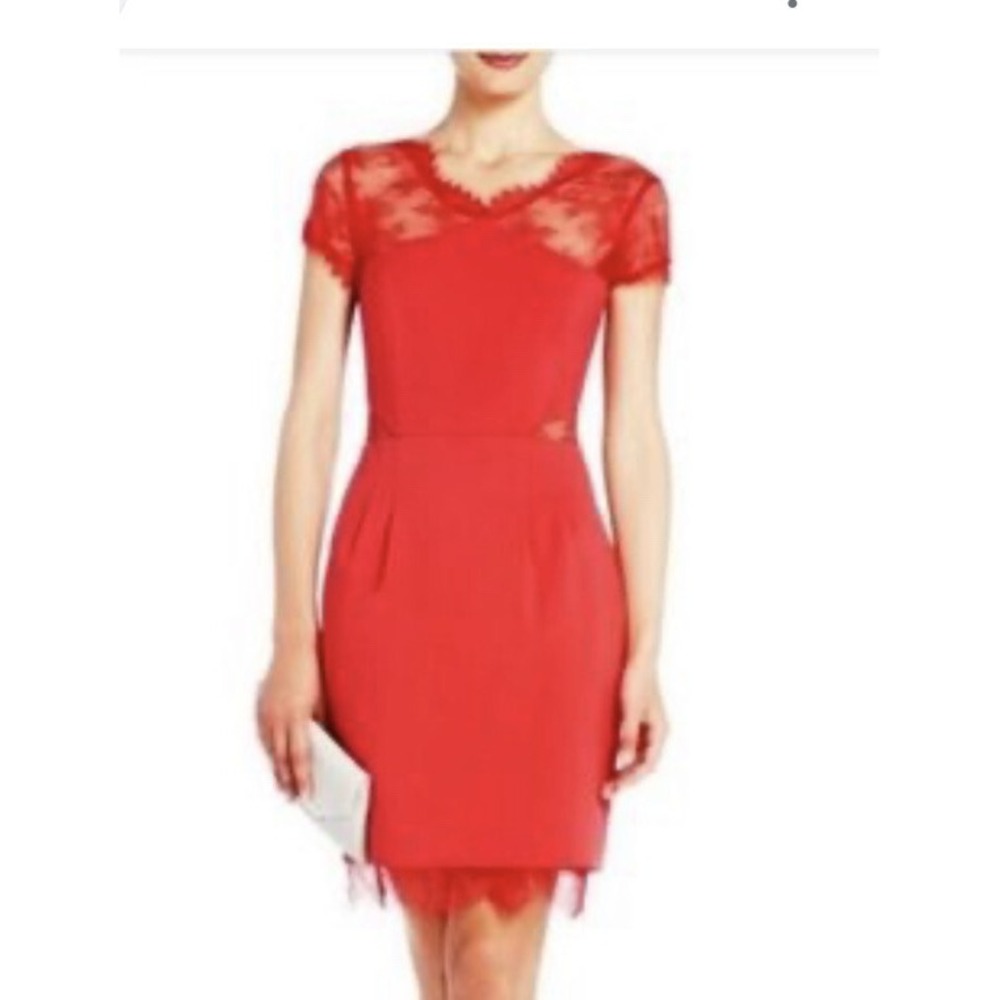 BCBG MAX AZRIA Nel Lipstick Red Lace Inlay Cocktail Dress 6 S Short Sleeve